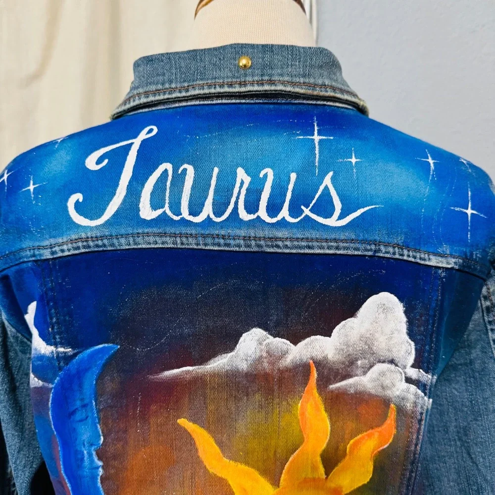Upcycled Venezia Denim Jacket Hand Painted Taurus‎ Sun Moon Celestial Art 18-20